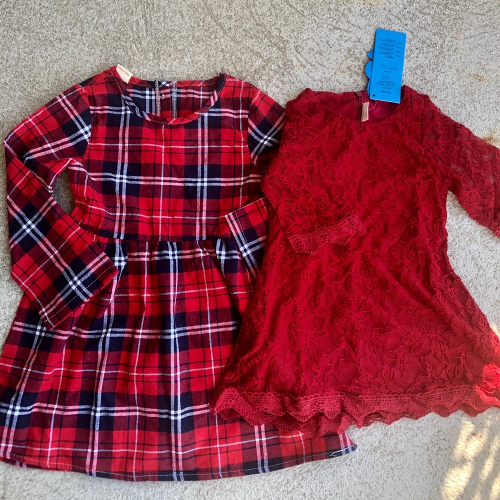 2 girls 3t winter dresses Red plaid lace NWT